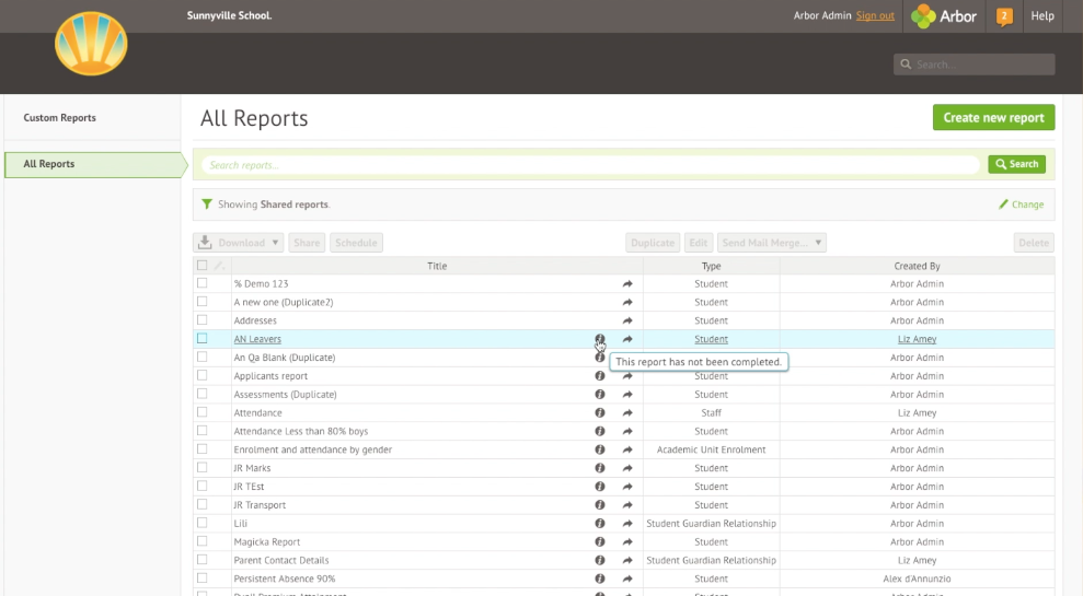 See All Custom Report Writer Reports On The All Reports Page Arbor Help Centre