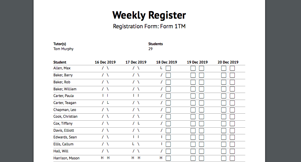 Print weekly registers, attendance reports and certificates Arbor