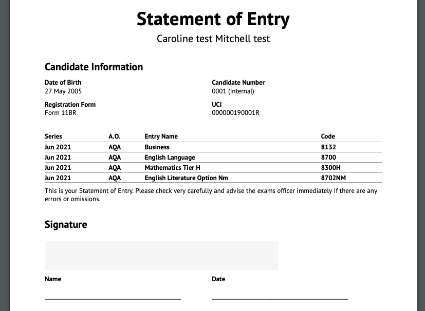 statement of entry a level